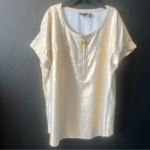 Ellen Tracy Linen Blend Women Chalk Gold Foil Boxy Blouse Preppy Size: XL - Picture 1 of 9